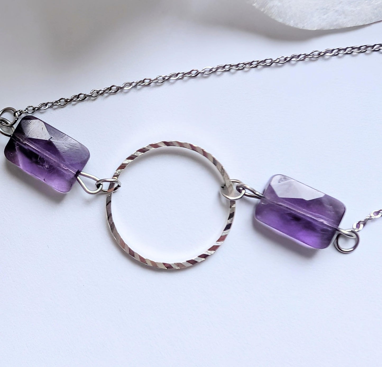 Delicate minimalist handmade bracelet - Amethyst, metal and stainless steel - Approx. 21.5 cm wrist circumference - Extension chain