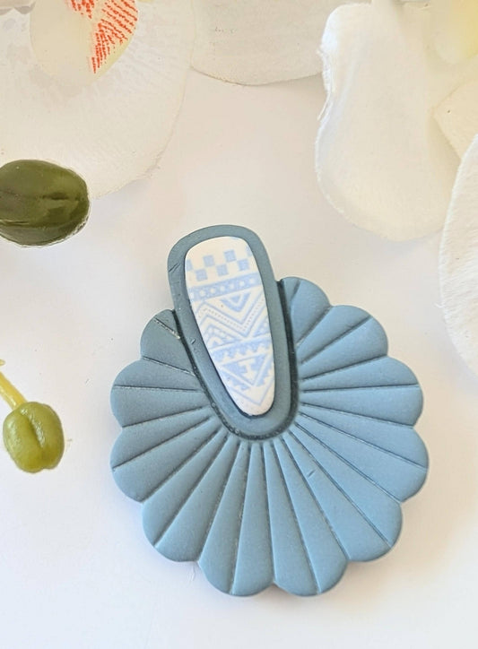 Art Deco Brooch with fan shape - Handmade from baby blue polymer clay - Artisan brooch - Aztec pattern - Pre-Columbian style