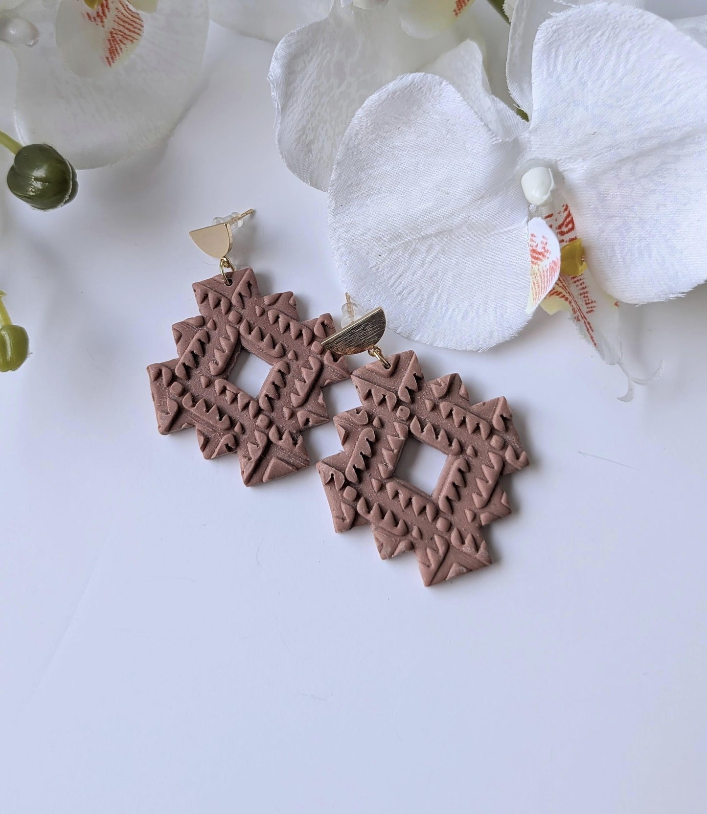 Aztec dangle earrings - Pre-Columbian style - Handmade - Polymer clay, stainless steel and brass - Sienna