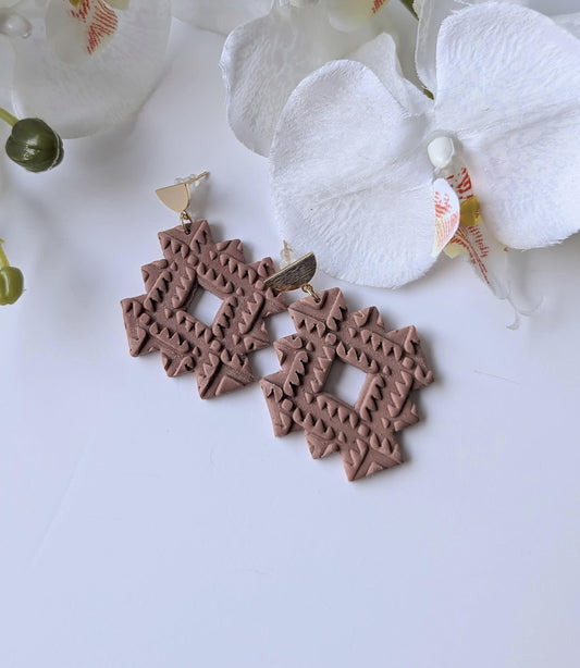 Aztec dangle earrings - Pre-Columbian style - Handmade - Polymer clay, stainless steel and brass - Sienna