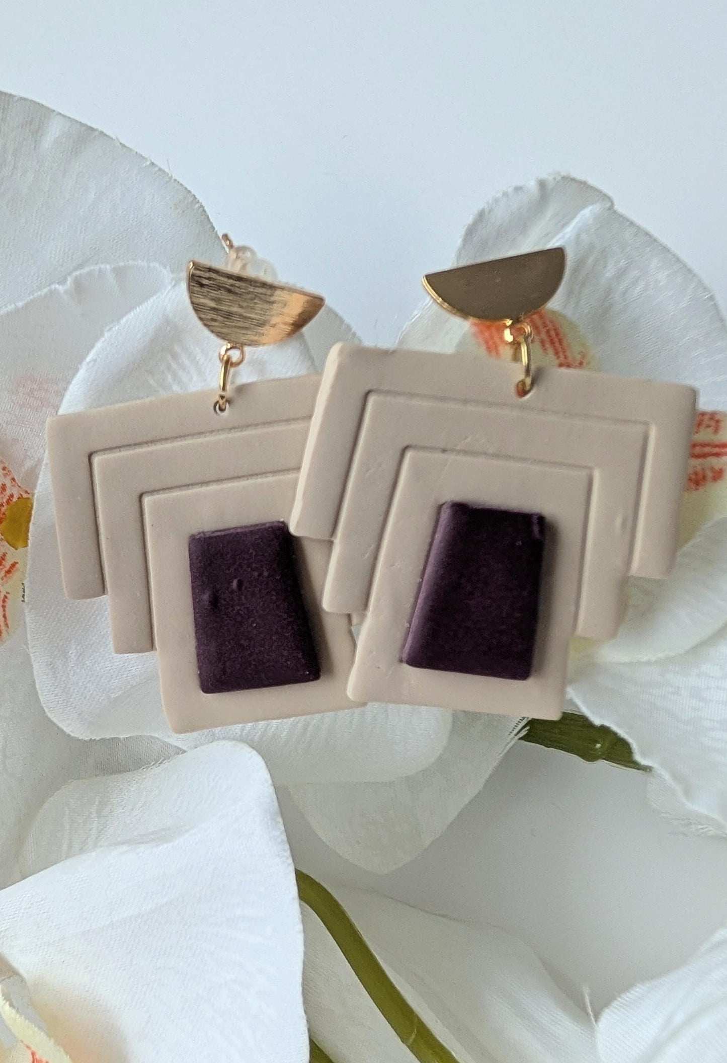 Dangle earrings - Geometric and minimalistic - Art Deco - Handmde - Polymer clay, brass and stainless steel