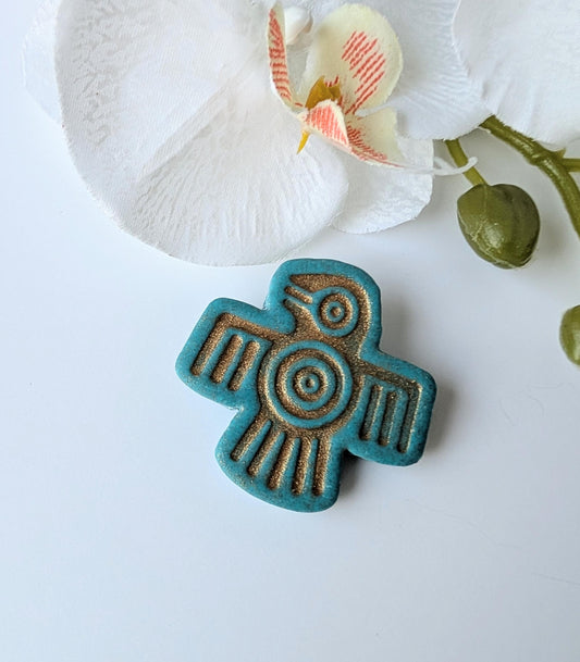Tribal brooch - Handmade - Tribal bird - Aztec style - Polymer clay and metal - Nickel free - Bkue and antique gold