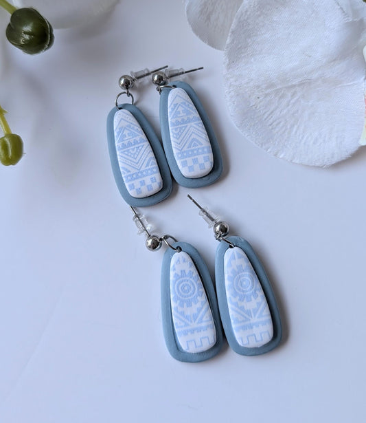 Pre-Columbian style drop earrings - Handmade - Aztec motifs - Polymer clay and stainless steel - Baby blue
