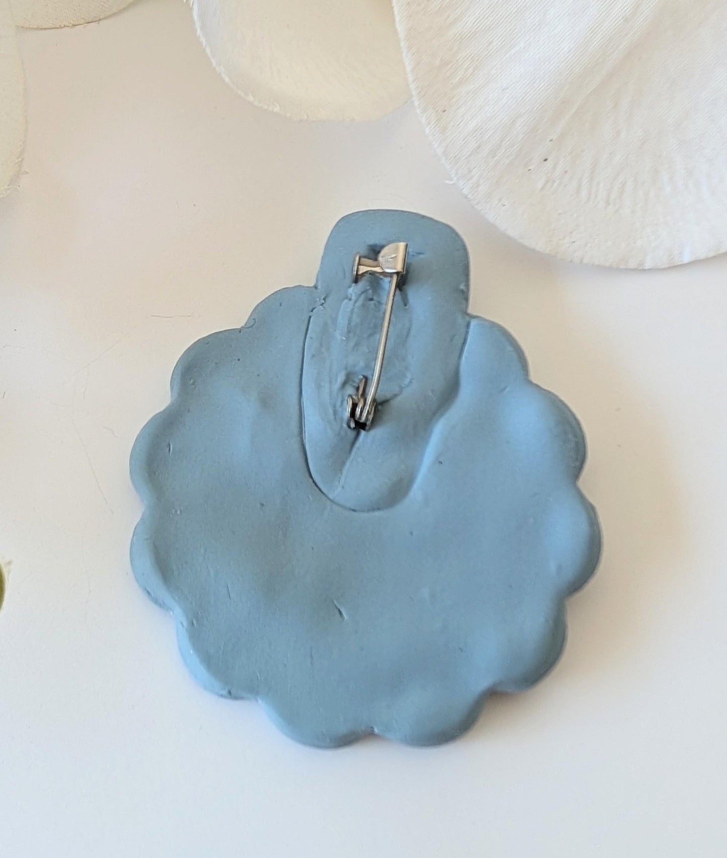 Art Deco Brooch with fan shape - Handmade from baby blue polymer clay - Artisan brooch - Aztec pattern - Pre-Columbian style