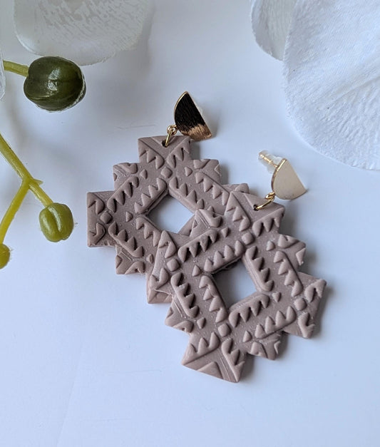 Aztec dangle earrings - Pre-Columbian style - Handmade - Polymer clay, stainless steel and brass - Rosewood