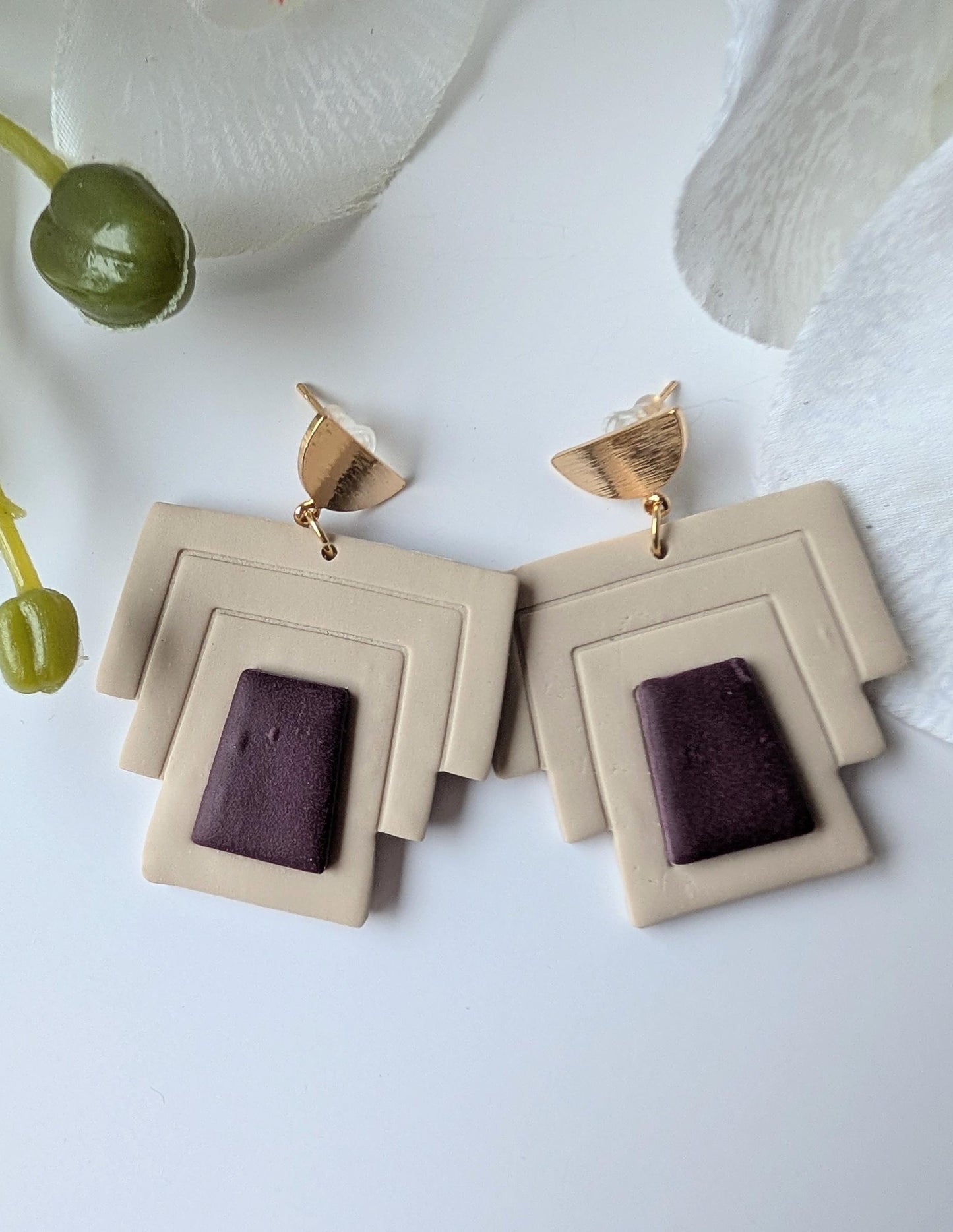 Dangle earrings - Geometric and minimalistic - Art Deco - Handmde - Polymer clay, brass and stainless steel