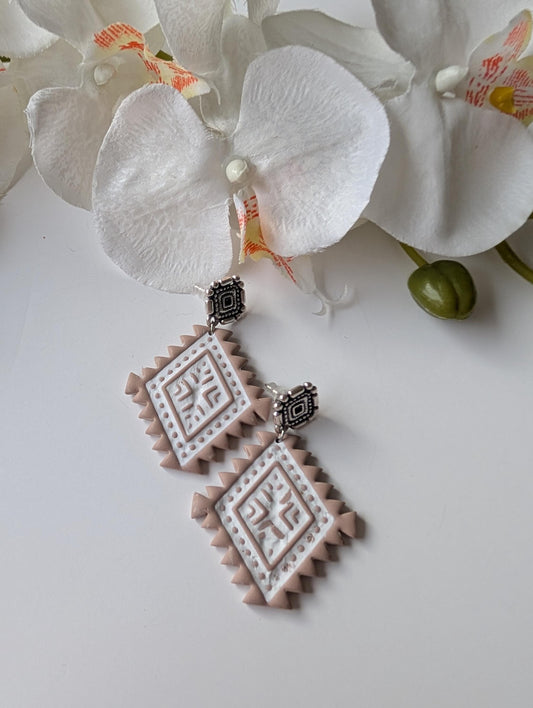 Statement drop earrings - Aztec style - Polymer clay and zamac - Lead, nickel and cadmium-free - Rosewood
