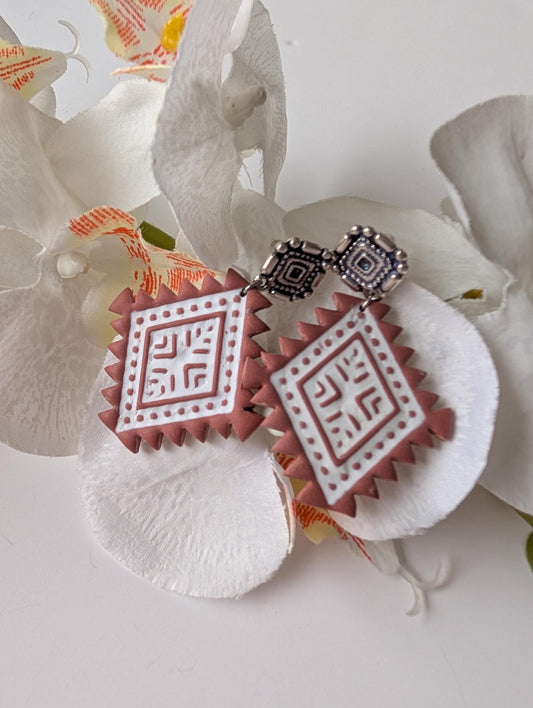 Statement drop earrings - Aztec style - Polymer clay and zamac - Lead, nickel and cadmium-free - Sienna