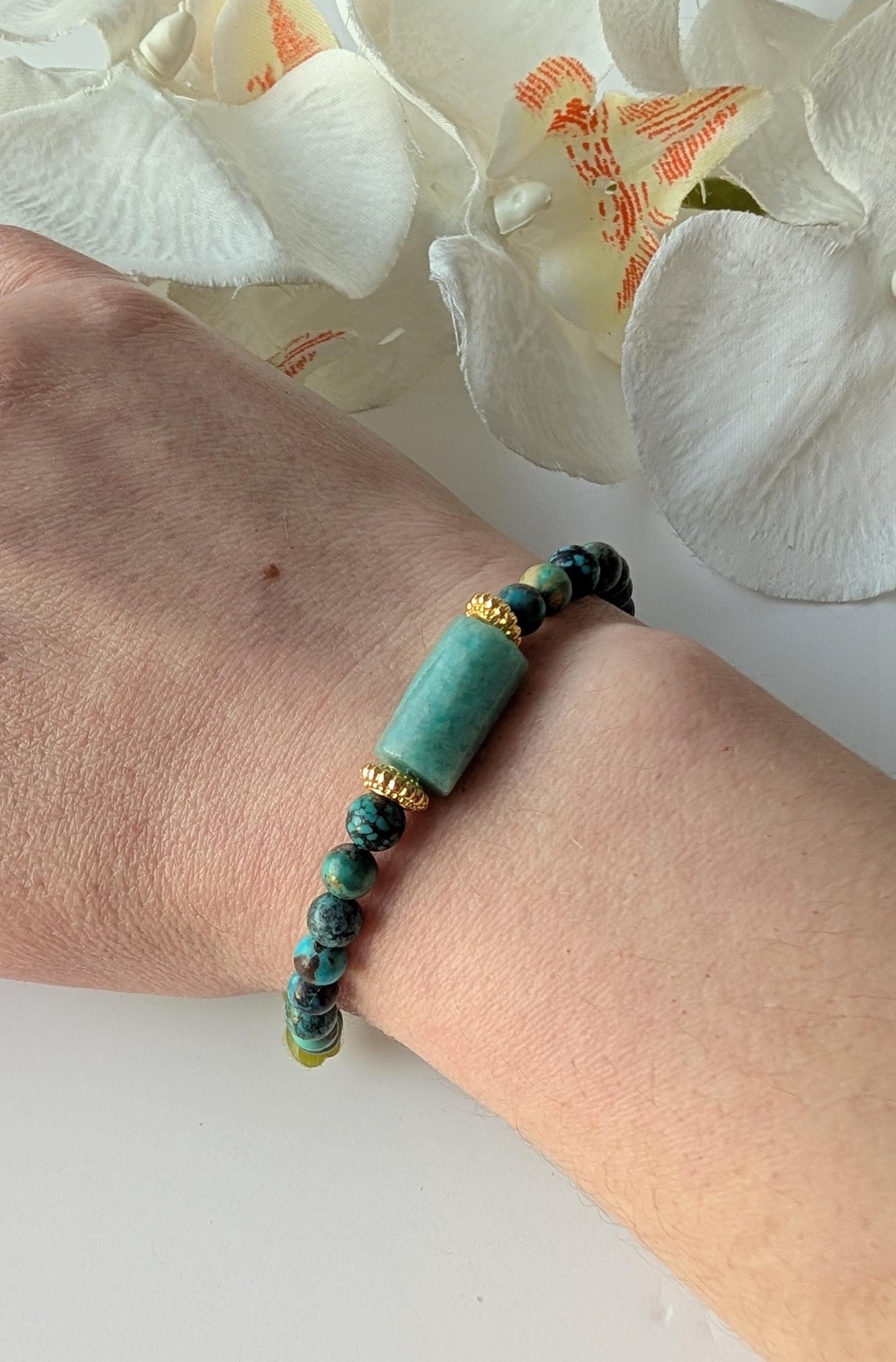 Ethnic bracelet – African turquoise & amazonite – Stainless steel and zamak – Approx. 17.5 cm wrist circumference – Hypoallergenic