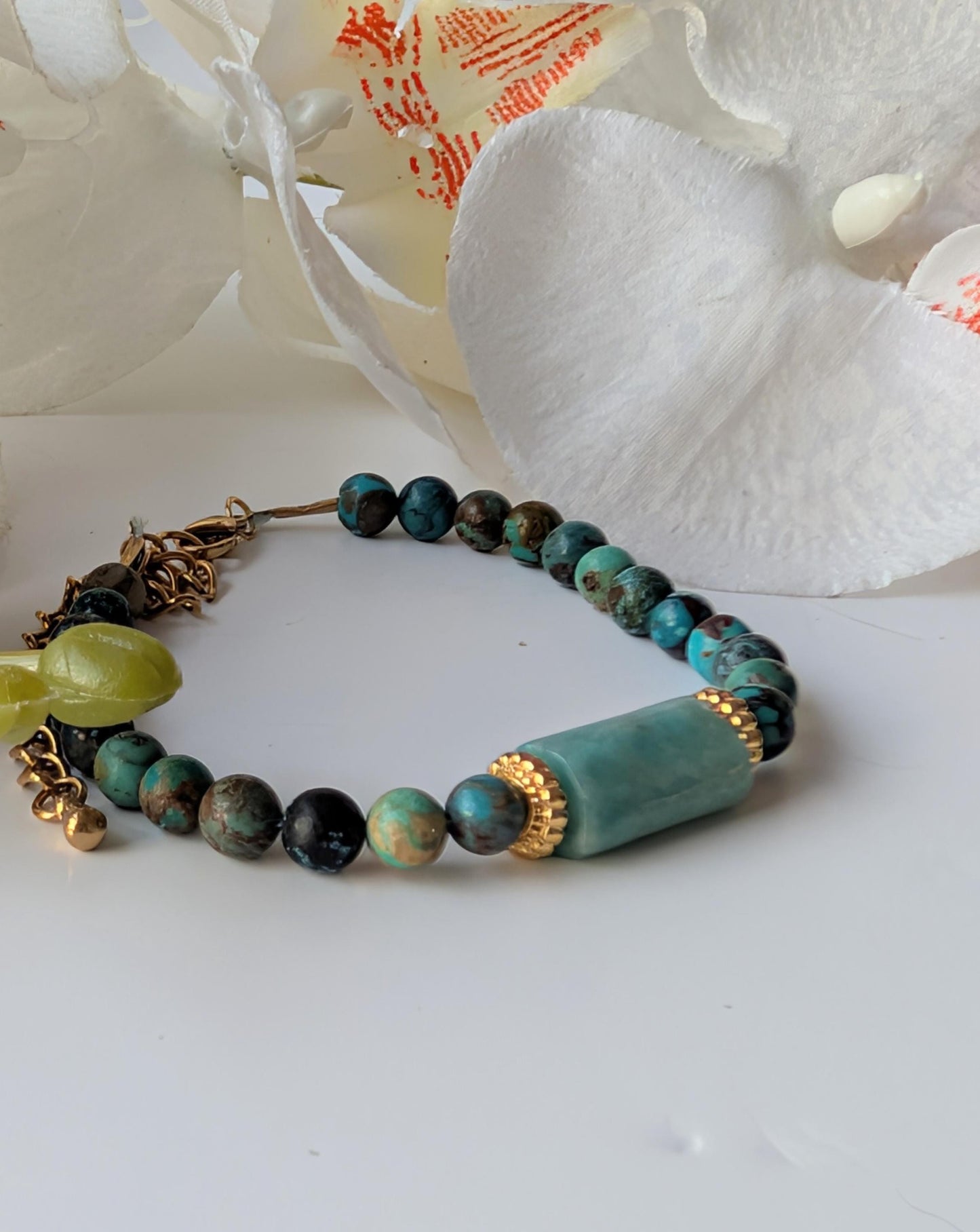 Ethnic bracelet – African turquoise & amazonite – Stainless steel and zamak – Approx. 17.5 cm wrist circumference – Hypoallergenic