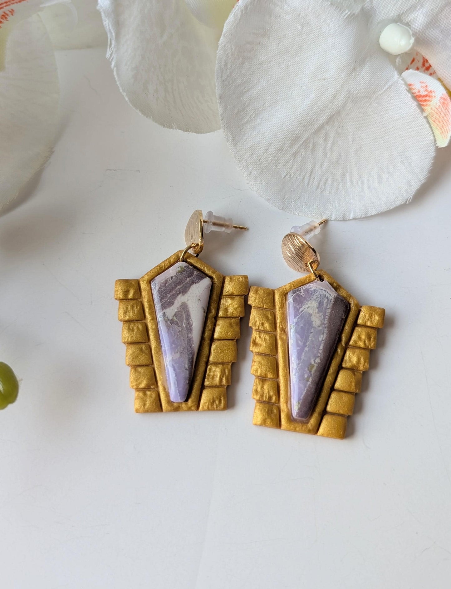 Handmade Tribal earrings - Polymer clay, brass and surgical steel - 18K gold plating - Lightweight and hypoallergenic