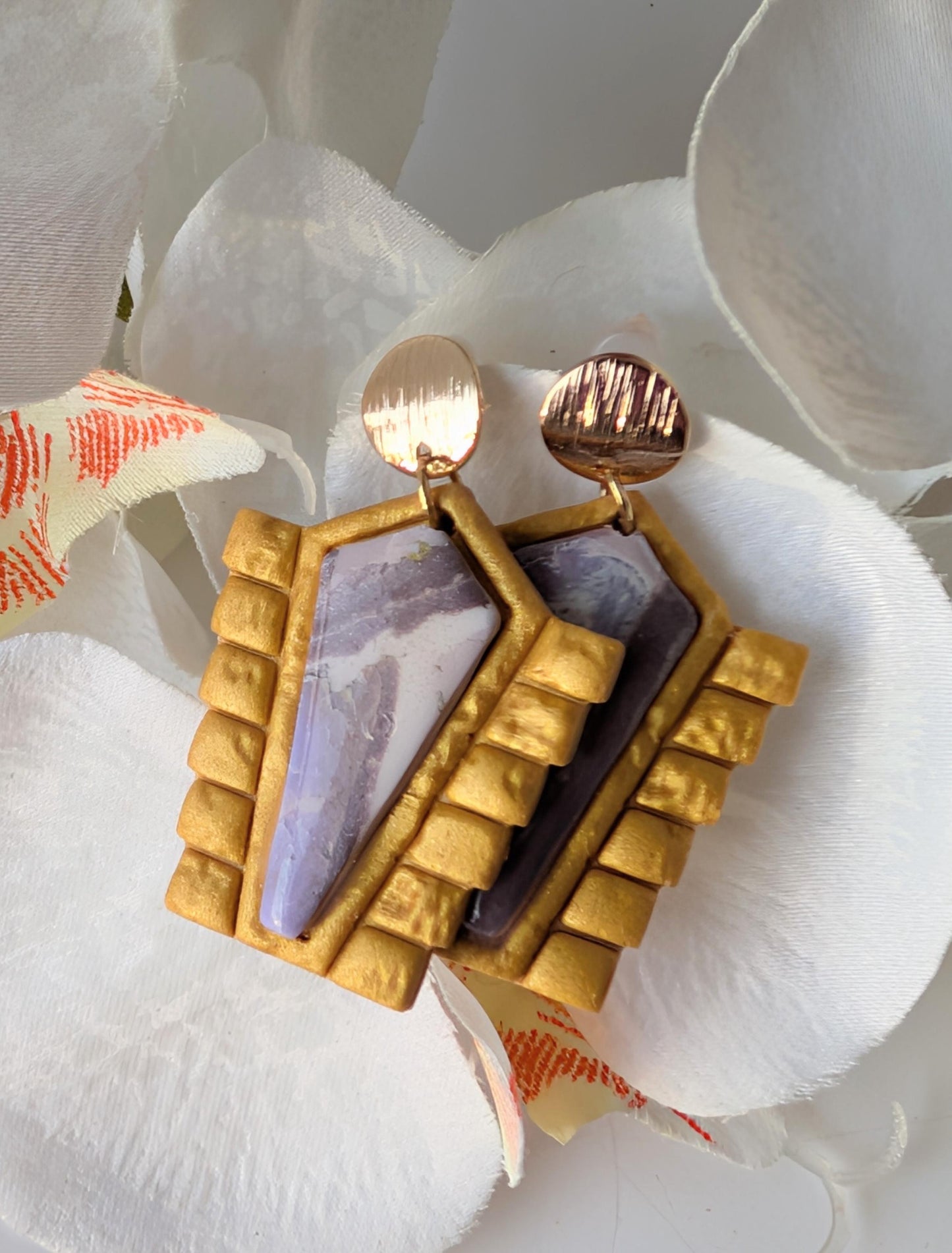 Handmade Tribal earrings - Polymer clay, brass and surgical steel - 18K gold plating - Lightweight and hypoallergenic