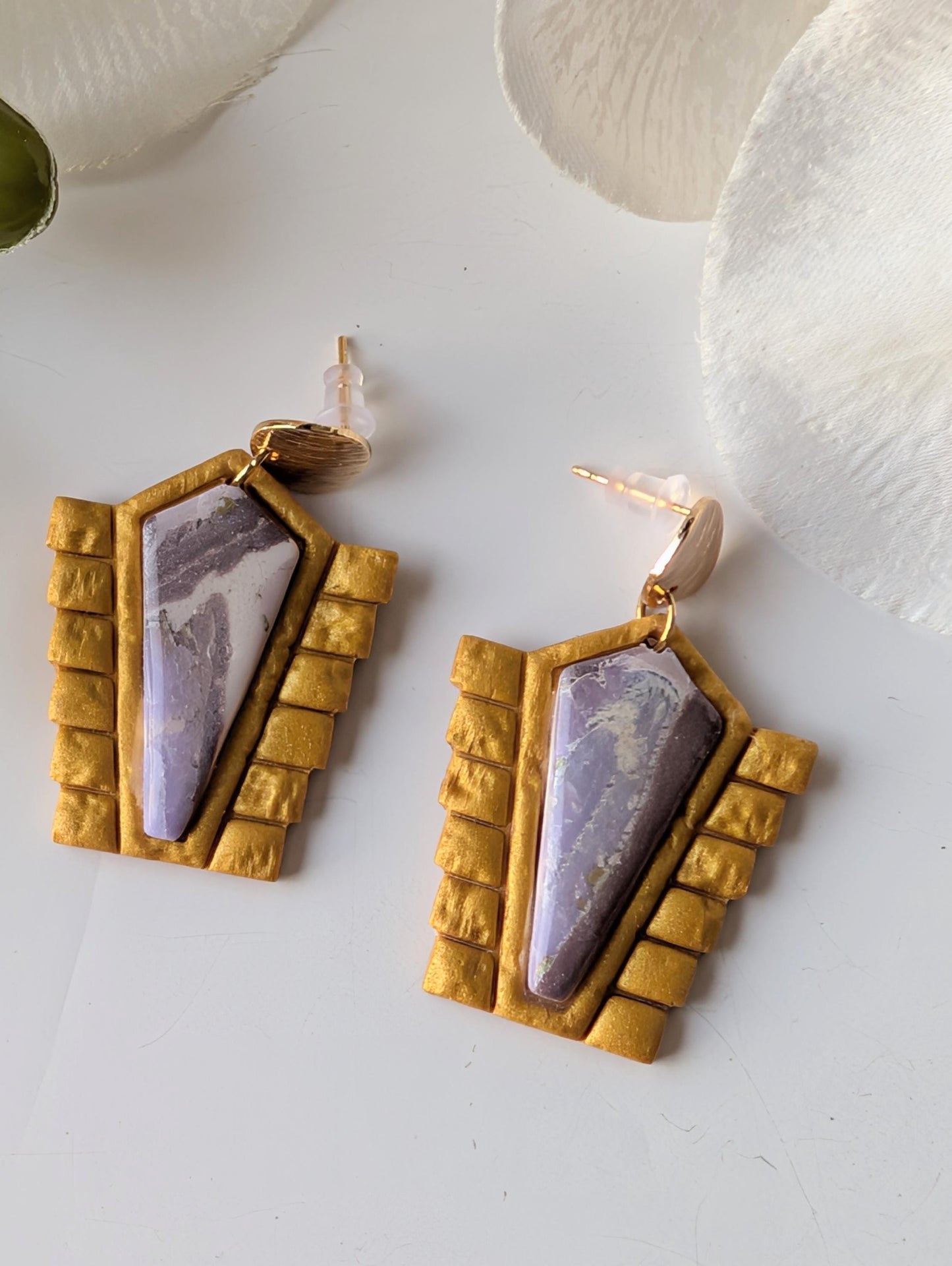 Handmade Tribal earrings - Polymer clay, brass and surgical steel - 18K gold plating - Lightweight and hypoallergenic