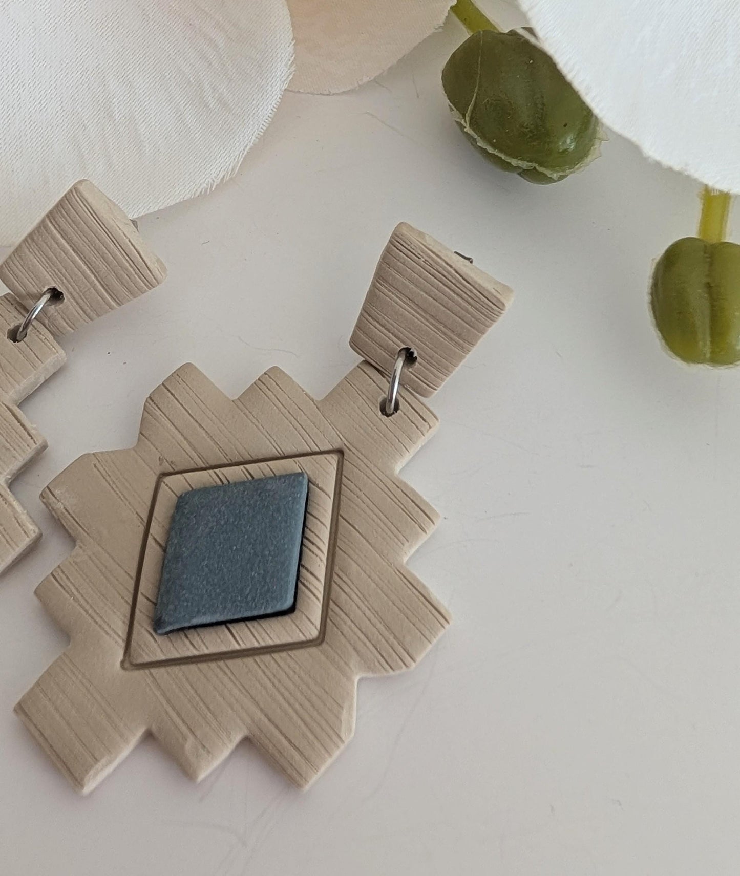 Ethnic cross earrings - Polymer clay & stainless steel - Sand and blue