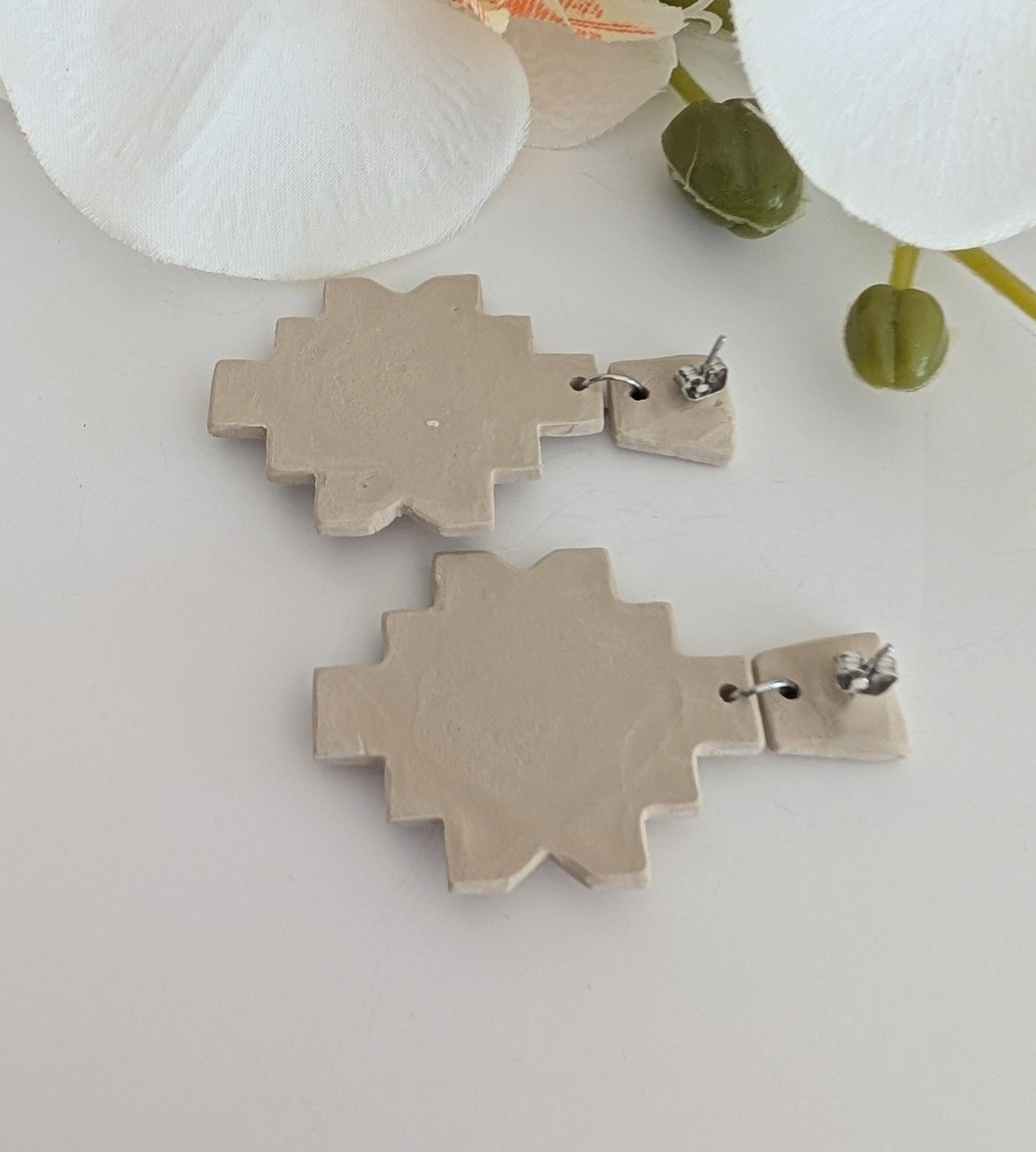 Ethnic cross earrings - Polymer clay & stainless steel - Sand and blue