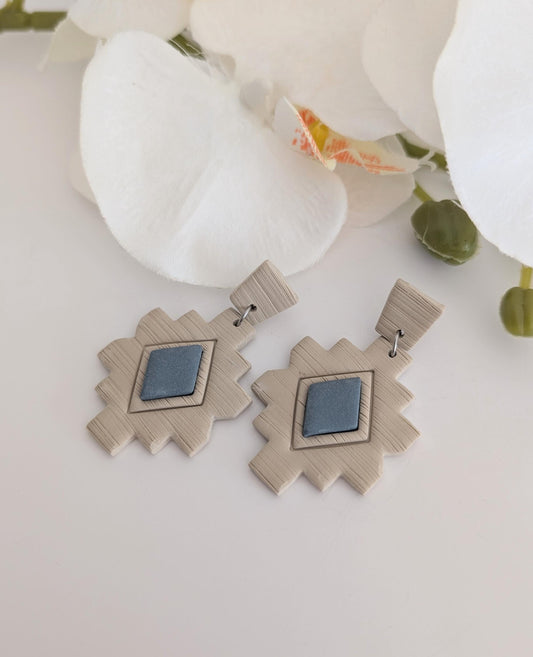 Ethnic cross earrings - Polymer clay & stainless steel - Sand and blue