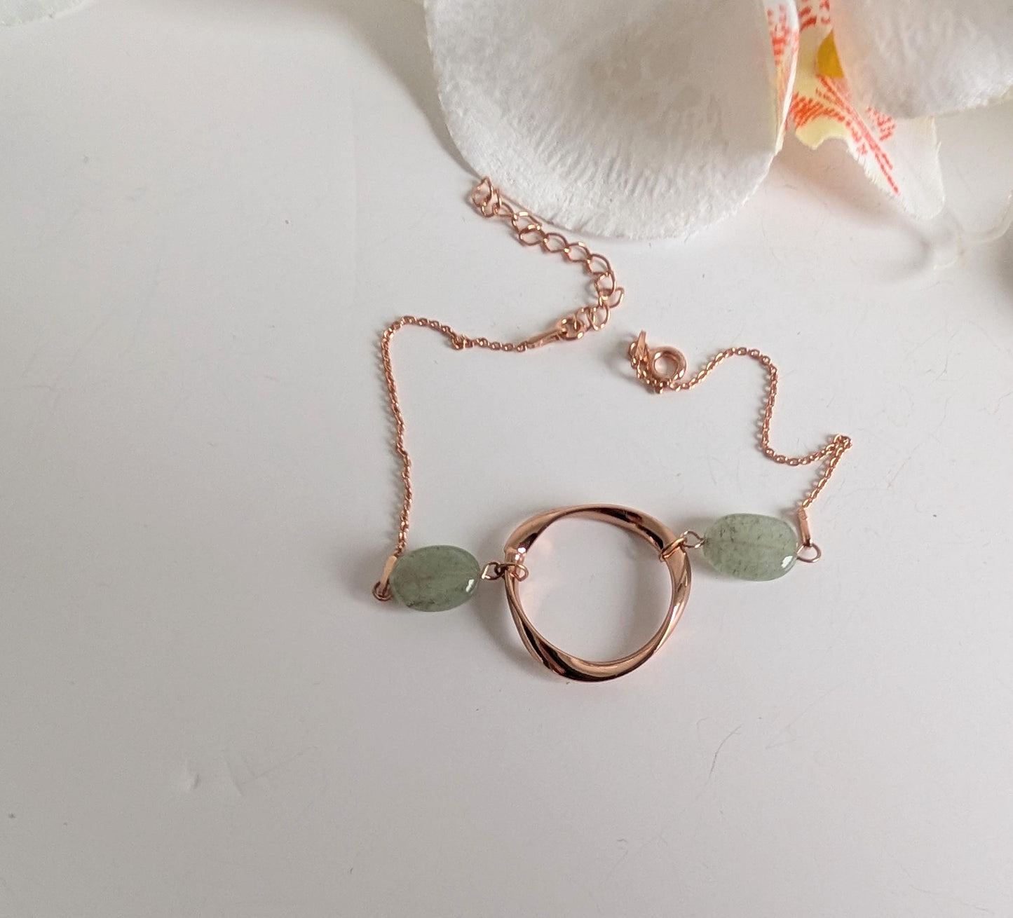 Green and rose gold ethnic bracelet - Aventurine, brass and 925 silver - Approximately  19 cm long - Hypoallergenic