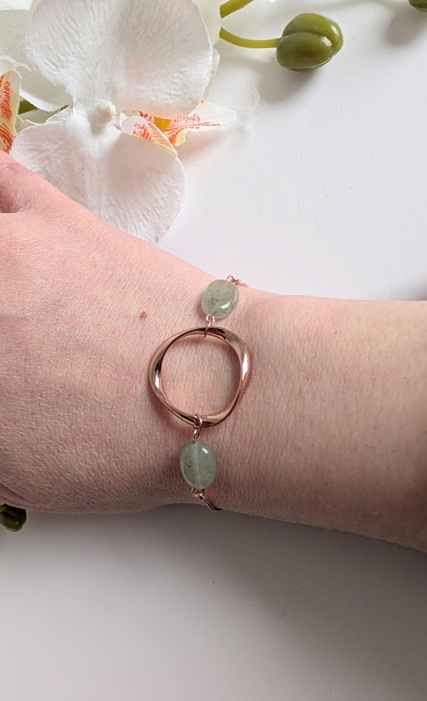 Green and rose gold ethnic bracelet - Aventurine, brass and 925 silver - Approximately  19 cm long - Hypoallergenic