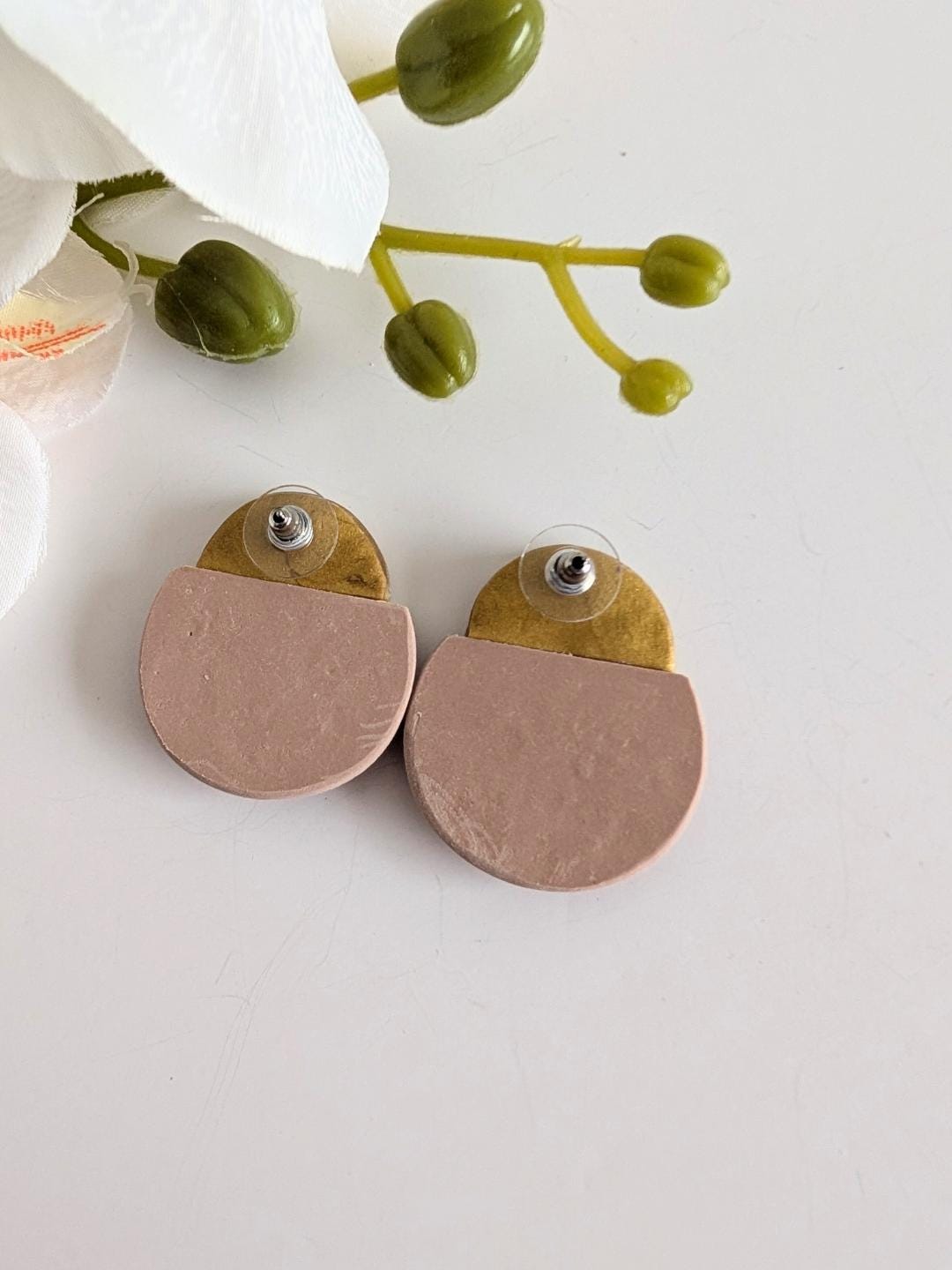 Ethnic earrings "Malitzin" - Stud earrings - Polymer clay & stainless steel - 4 cm high - Gold and rosewood