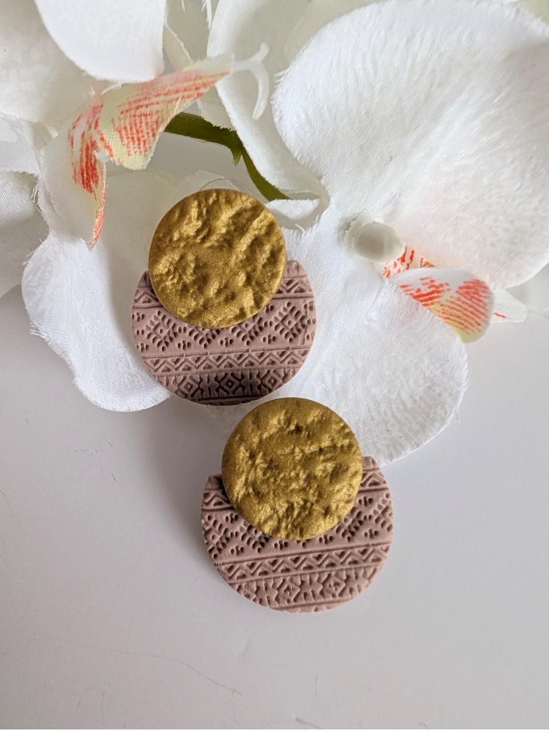 Ethnic earrings "Malitzin" - Stud earrings - Polymer clay & stainless steel - 4 cm high - Gold and rosewood